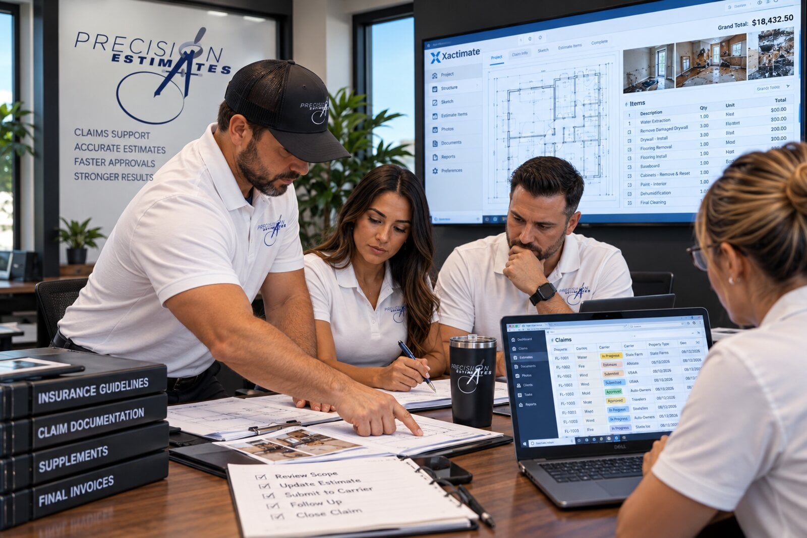 The Precision Estimates team reviewing a claim, Xactimate estimate, and documentation together
