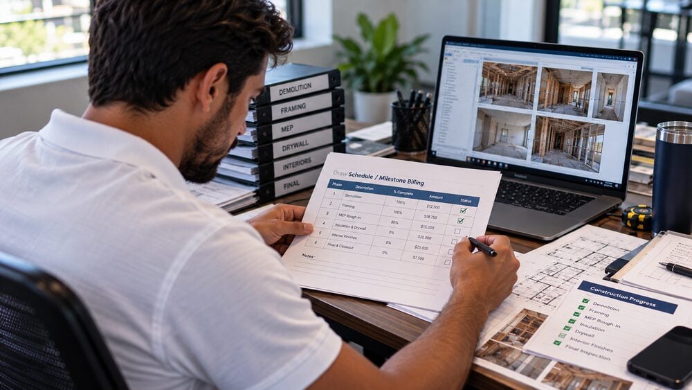 Precision Estimates specialist reviewing a draw schedule against construction progress photos organized by phase
