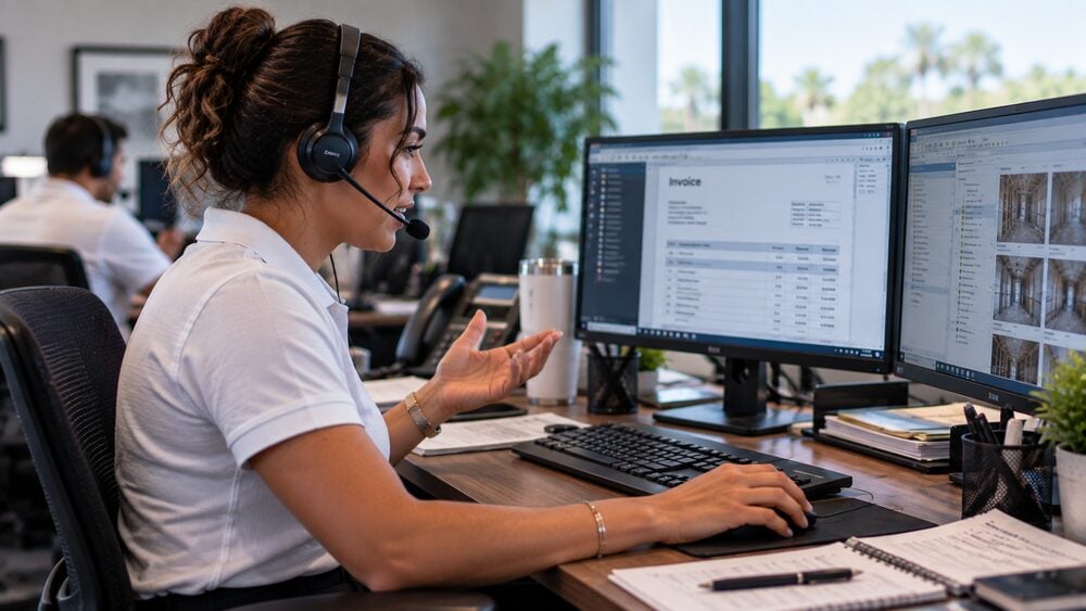 Precision Estimates specialist on a headset call reviewing a reconstruction invoice on screen