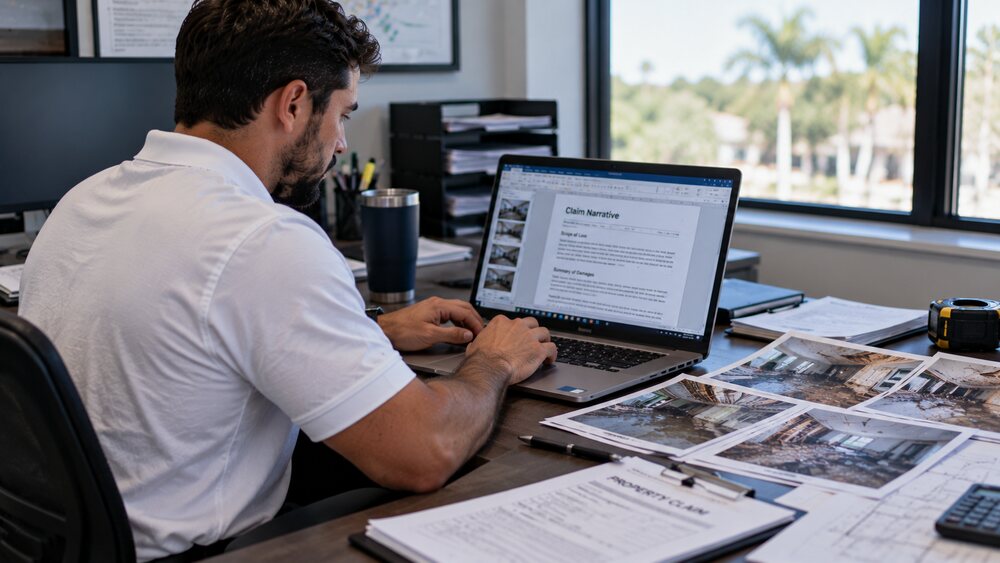 Estimator typing a claim narrative document with damage photos beside the laptop