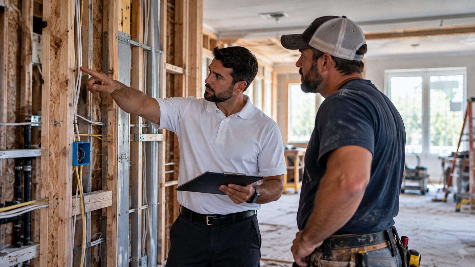 Estimator pointing out a code-required item to a contractor at a rebuild site