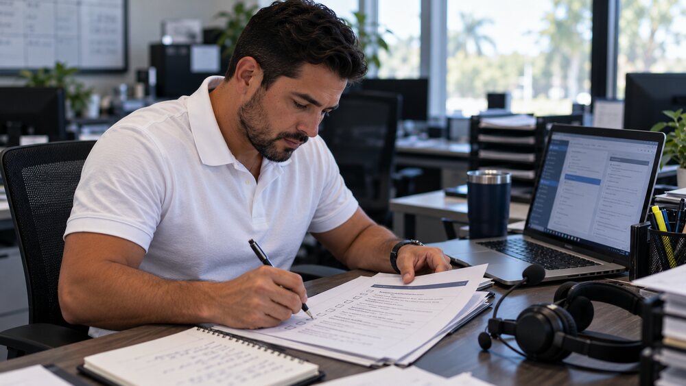 Answering service agent reviewing and marking up a custom restoration call intake script