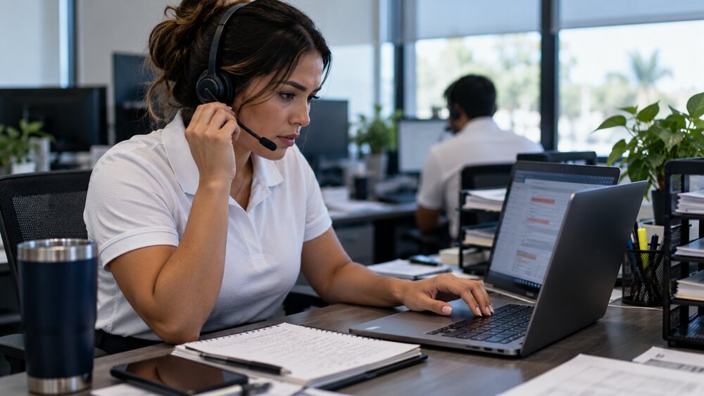 Answering service agent wearing a headset urgently logging an after-hours emergency restoration call