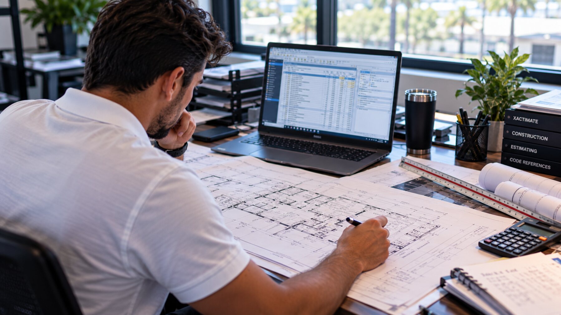 Estimator reviewing a construction floor plan and Xactimate estimate for a supplement
