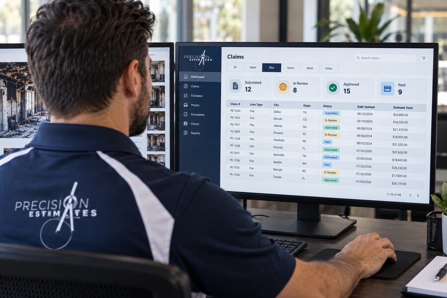 Fire damage claim tracking dashboard showing claims by status: submitted, in review, approved, and paid