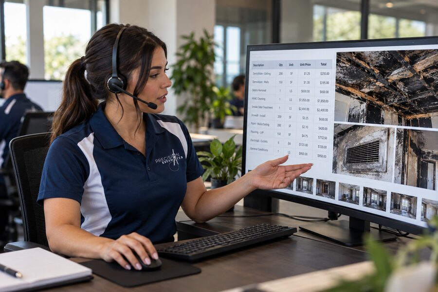Estimating specialist explaining a fire loss estimate on a headset, pointing to line items and fire damage photos