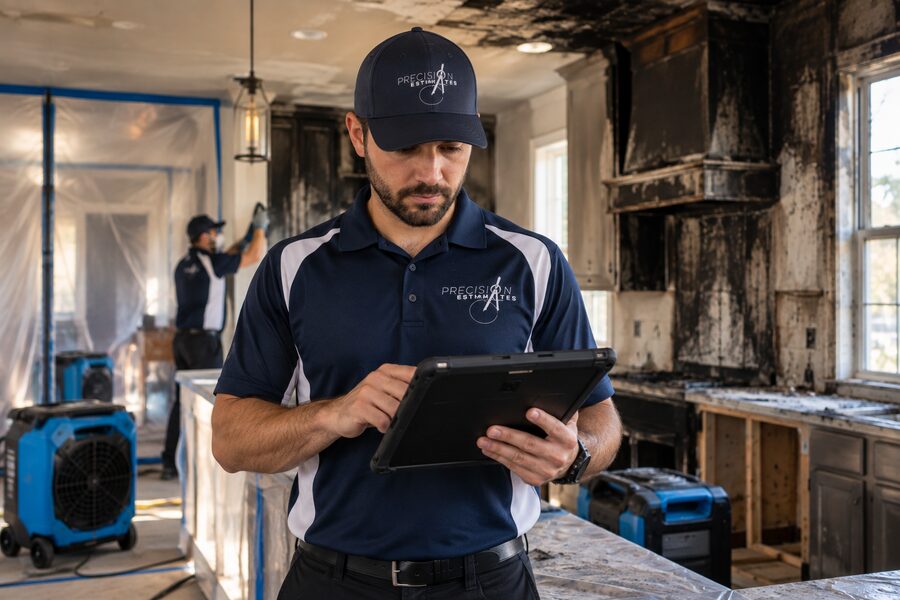Fire loss billing specialist reviewing a claim on a tablet in a smoke-damaged kitchen with containment and air movers