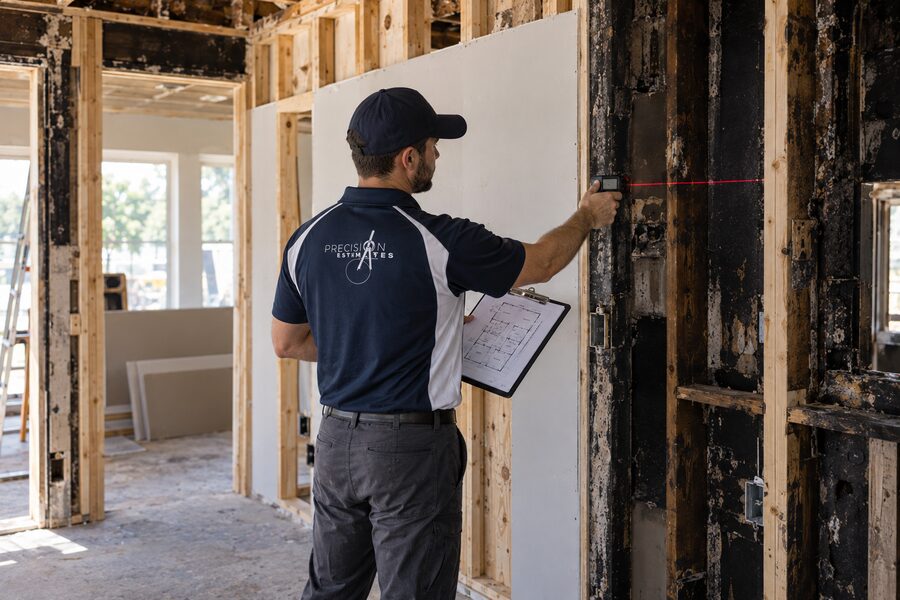 Fire damage rebuild scope being written with a laser measure and floor plan beside charred framing and new drywall