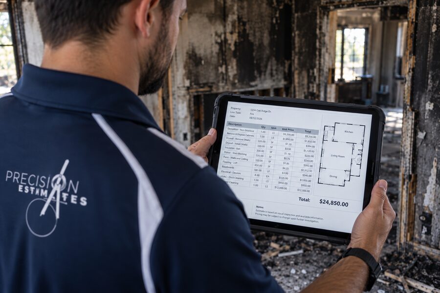 Xactimate fire damage estimate with line items and floor plan on a tablet inside a soot-damaged home
