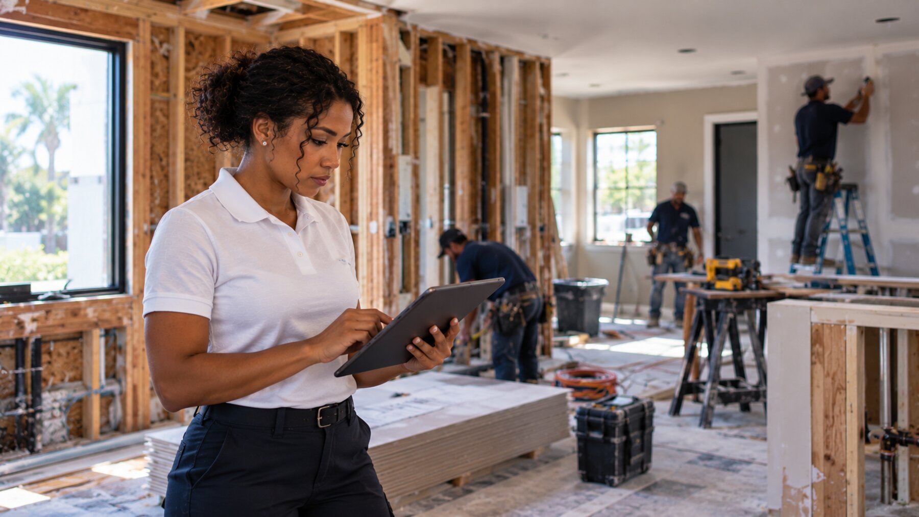 Precision Estimates specialist documenting a reconstruction project on-site with framing and drywall crews working in the background