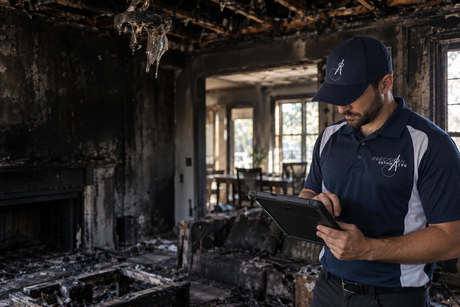Fire damage restoration billing estimator documenting smoke and soot damage on a tablet inside a burned living room