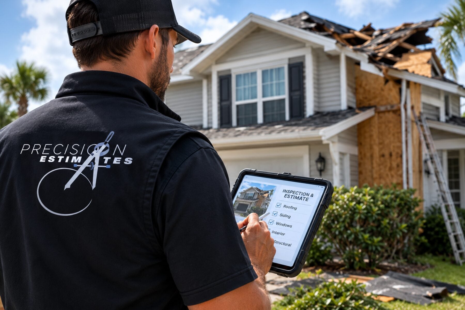Precision Estimates inspector reviewing a storm-damaged roof with an inspection tablet