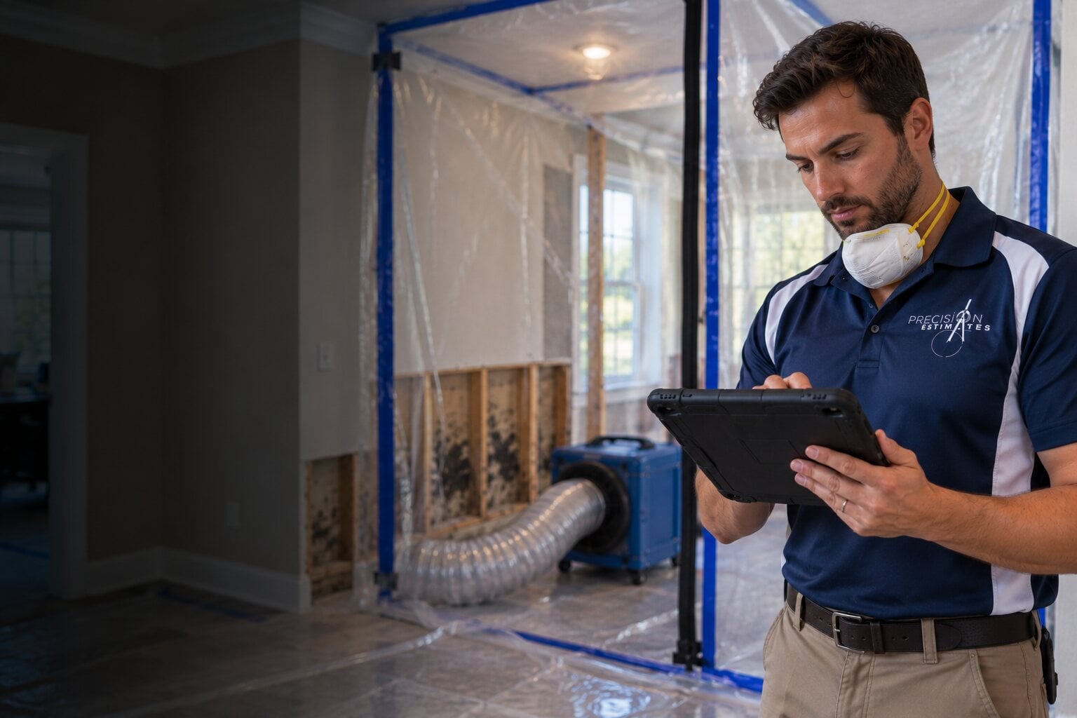 Mold remediation billing estimator documenting a job on a tablet outside poly containment with a HEPA air scrubber