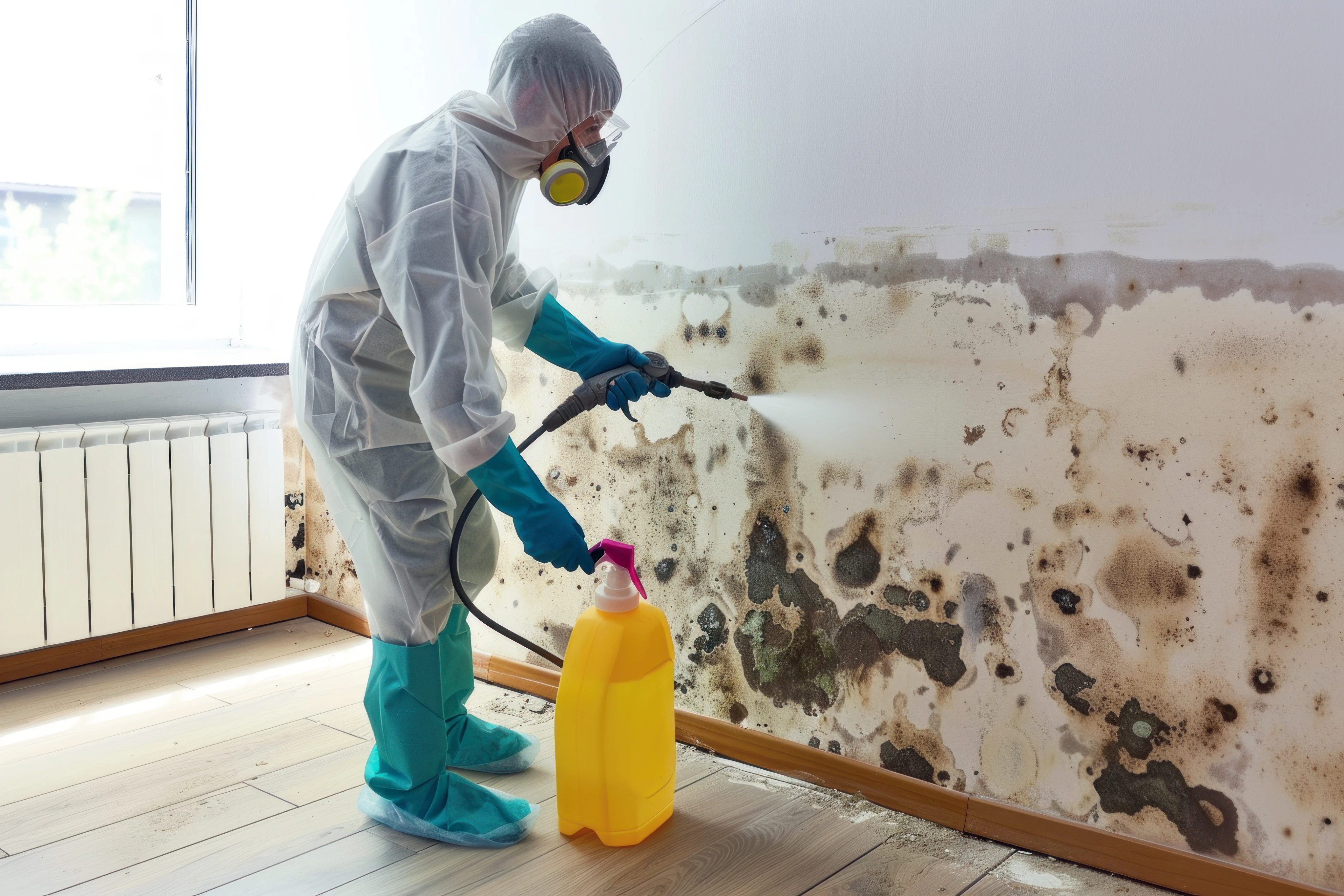 Mold remediation technician in hazmat suit treating mold-covered wall — Florida