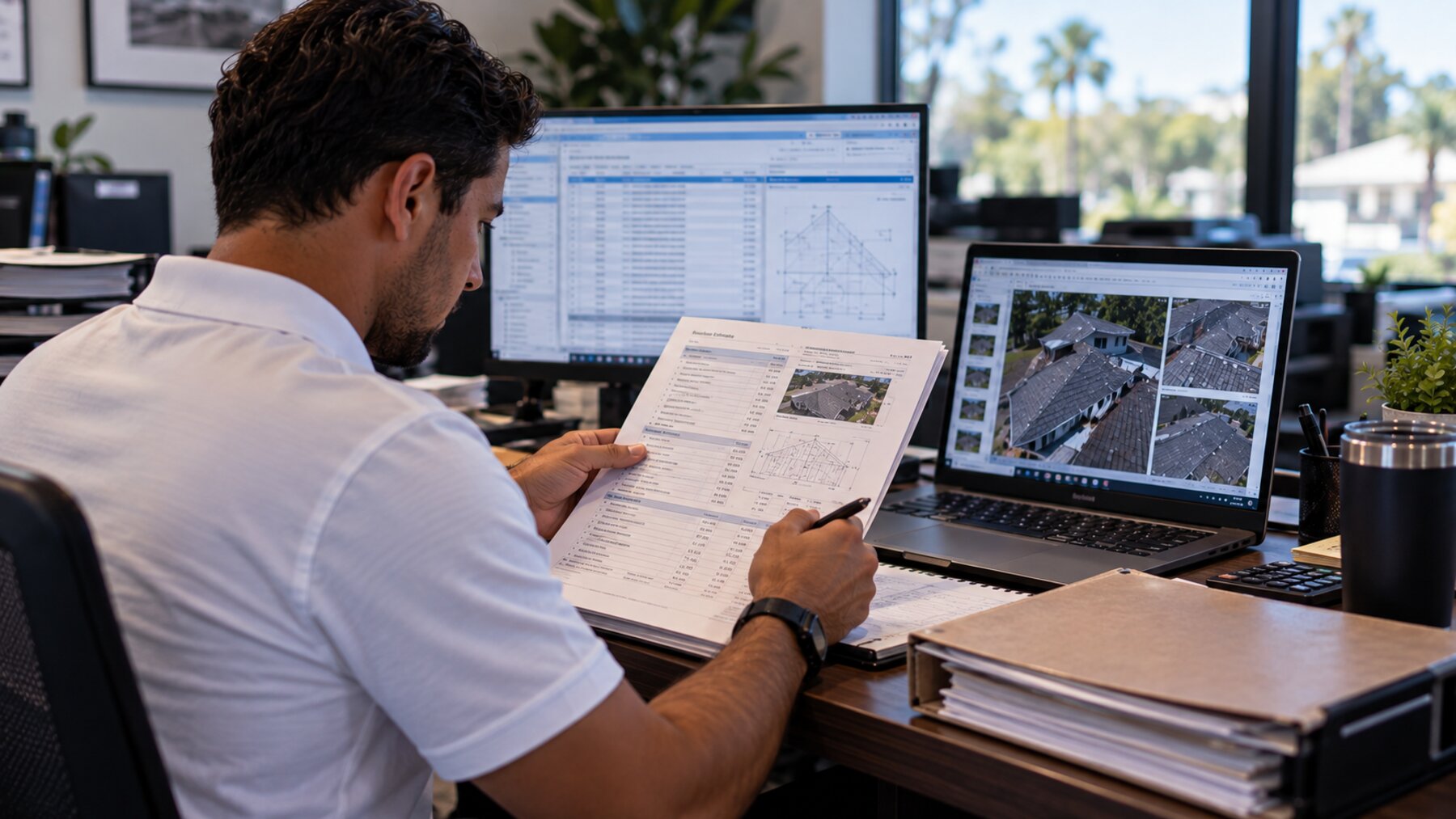 Precision Estimates specialist reviewing a printed Xactimate estimate alongside claim photos for a public adjuster firm