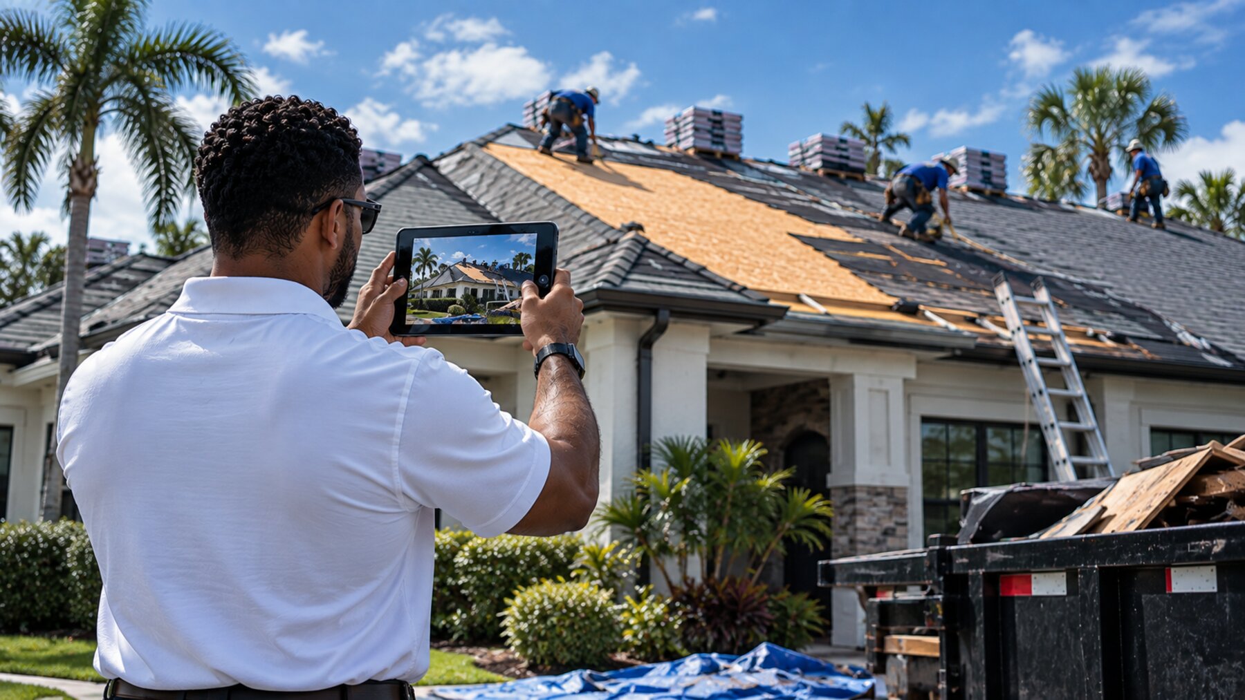 Precision Estimates specialist documenting a roof replacement in progress with the crew tearing off and re-shingling in the background