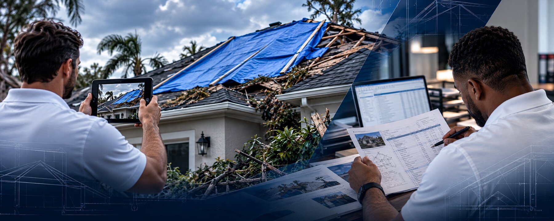 Estimator documenting hurricane roof damage on site and a billing specialist reviewing the storm estimate in the office