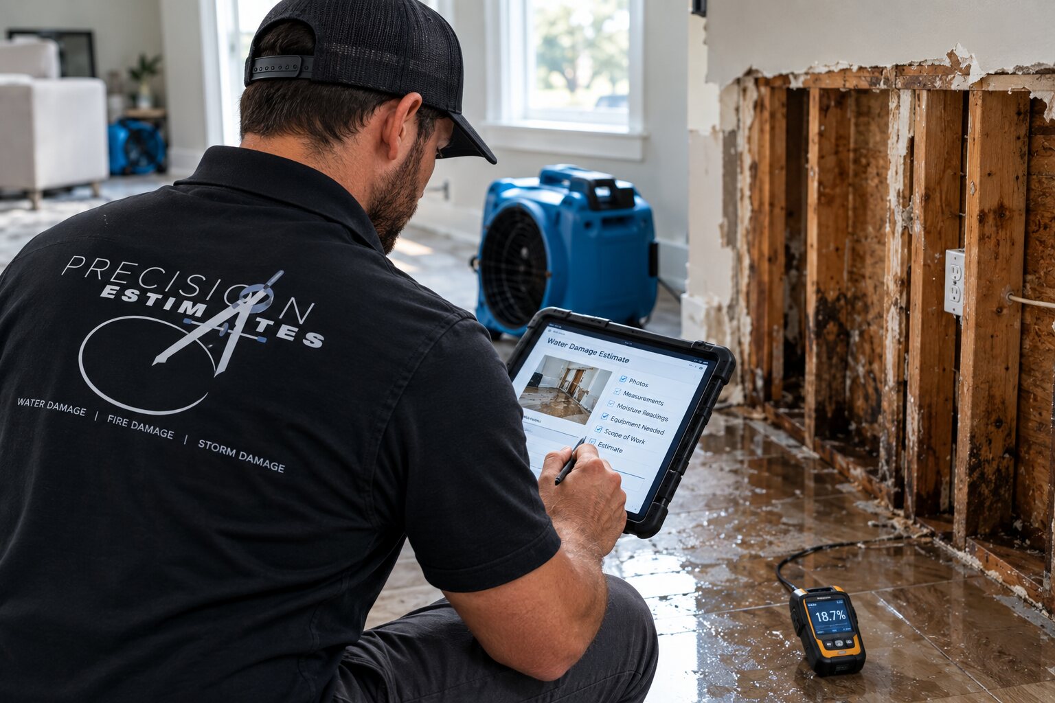 Water damage restoration billing estimator documenting a loss on a tablet beside a moisture meter and air mover