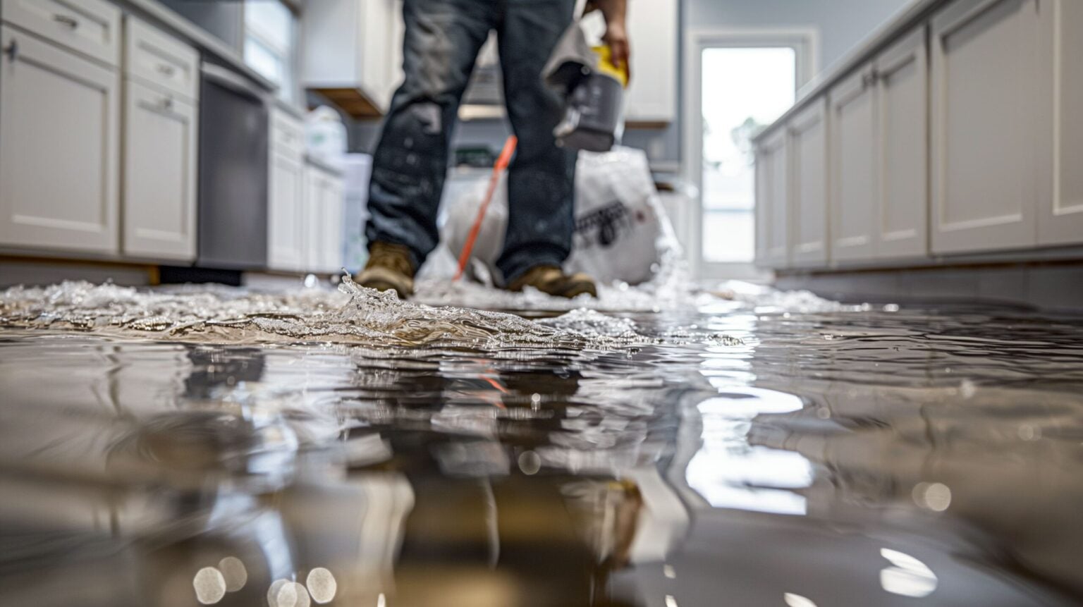 Water damage restoration worker in flooded home — Florida