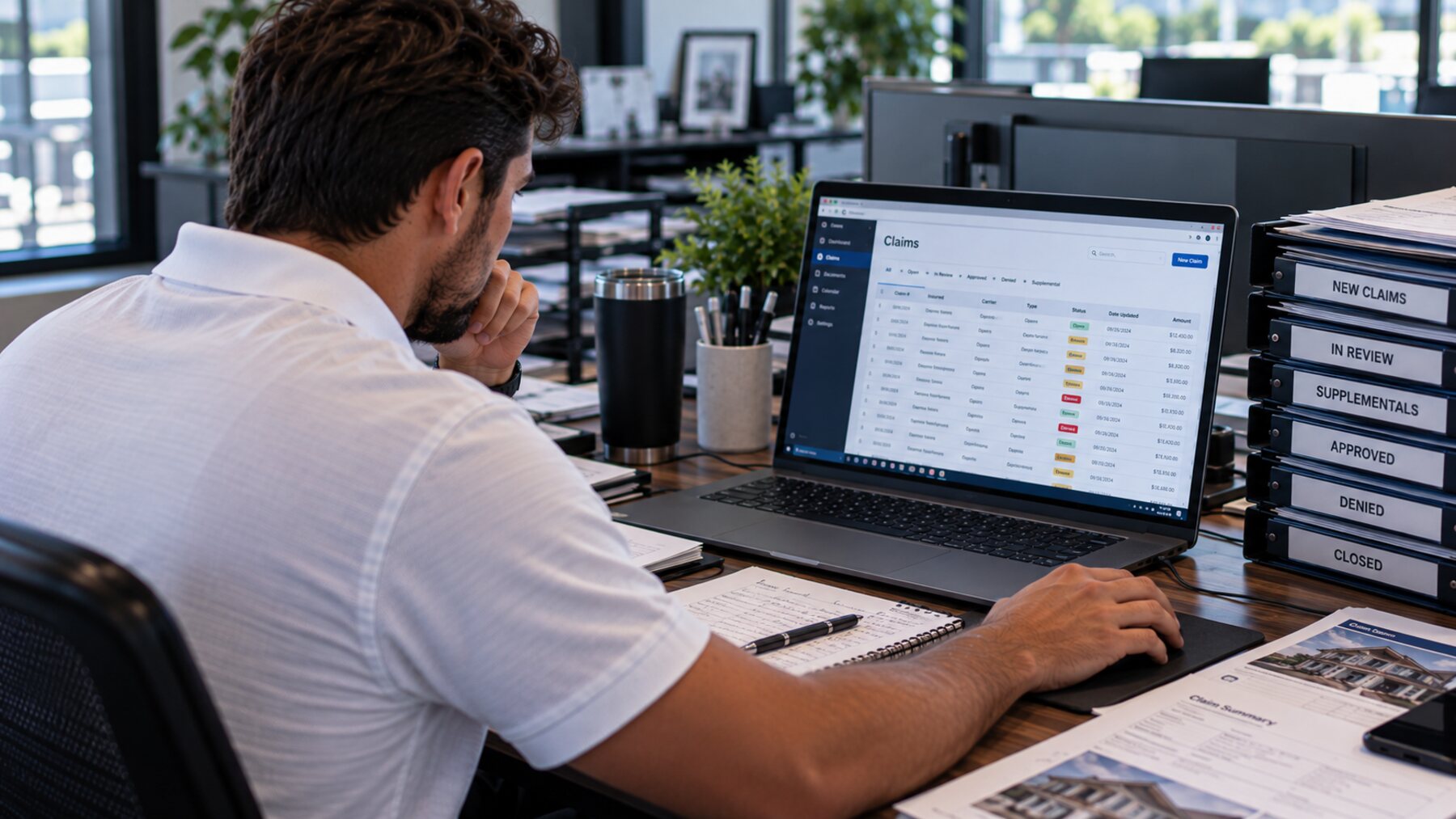 Contractor reviewing construction floor plans and measurements for a Xactimate estimate