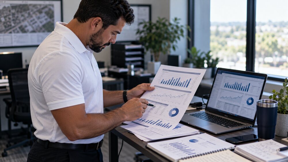 Restoration company manager reviewing printed KPI performance charts showing approval rates and collection trends