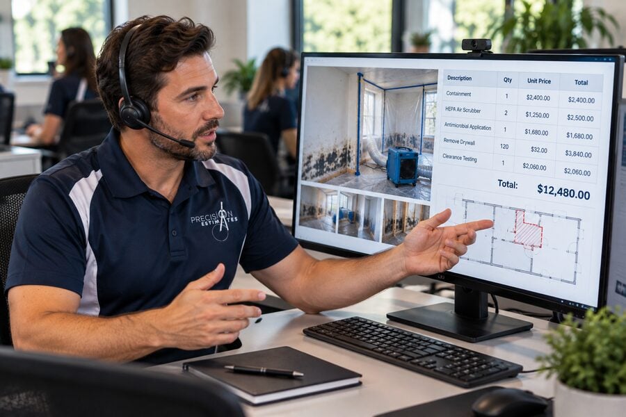 Estimating specialist explaining a mold remediation estimate on a call, pointing to containment photos and line items