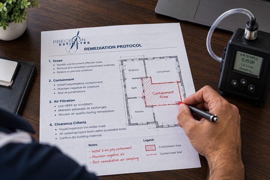 Mold remediation protocol with scope, containment, and clearance criteria and the containment area marked on a floor plan