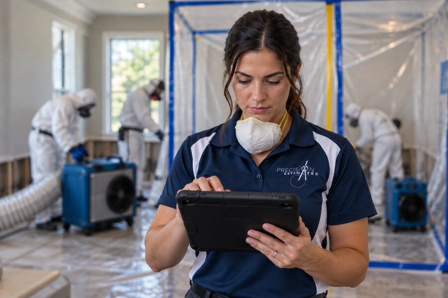 Mold remediation billing specialist reviewing a job on a tablet while technicians in protective suits work in containment
