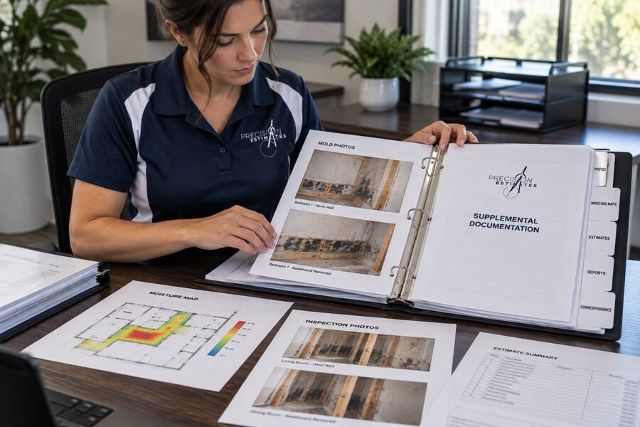 Mold supplemental documentation binder with mold photos, a moisture map, and an estimate summary prepared for carrier review