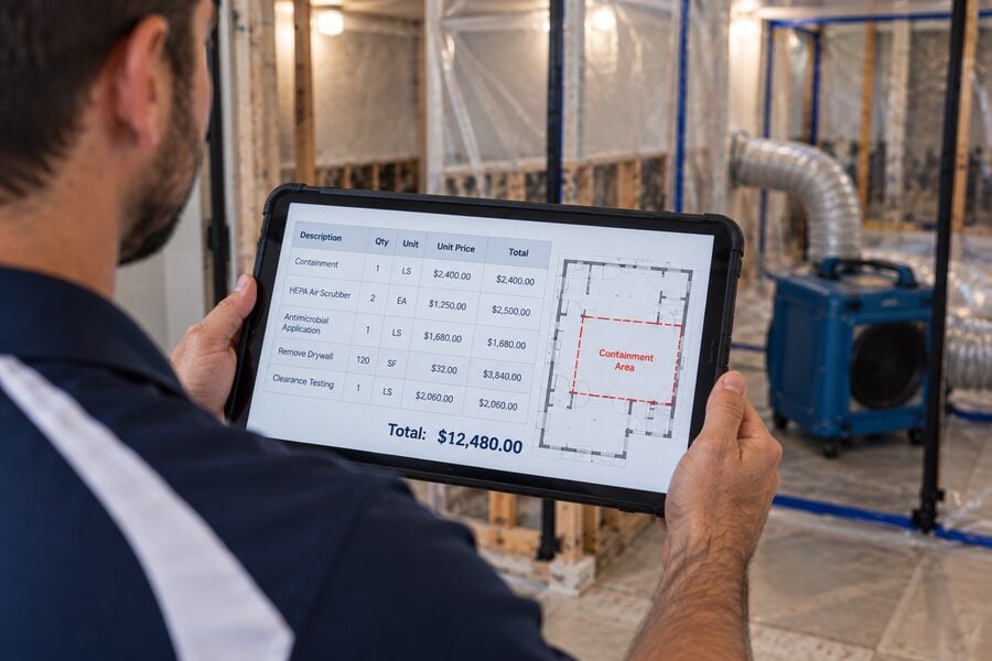 Xactimate mold remediation estimate on a tablet with containment, HEPA, antimicrobial, and clearance testing line items