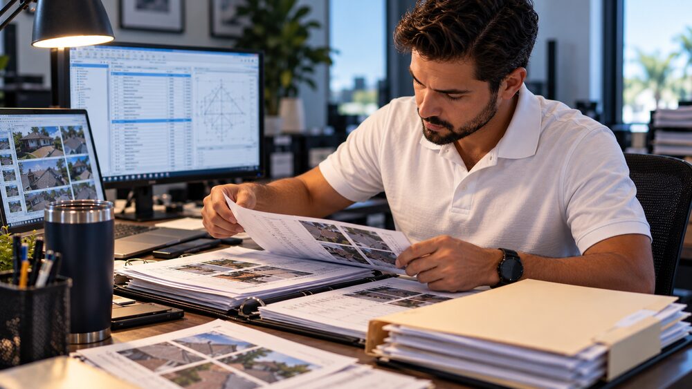 Precision Estimates specialist assembling a claim documentation packet with photos and printed pages at their desk
