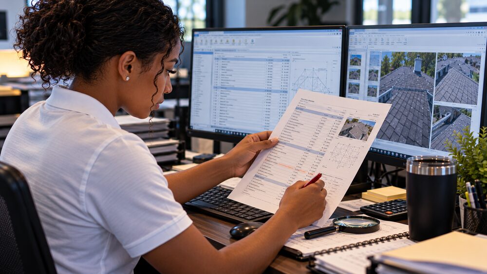 Precision Estimates specialist auditing a printed estimate against claim photos with a magnifying glass on the desk