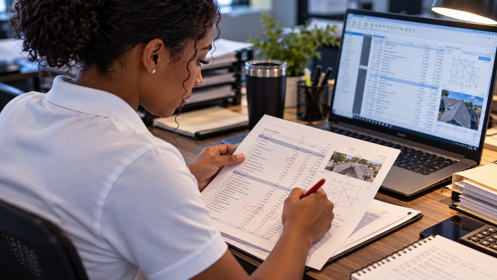 Precision Estimates specialist marking up a printed estimate with a red pen to identify missing supplement line items