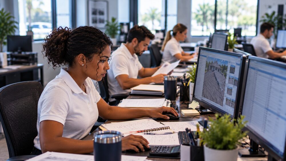 Precision Estimates team working side by side at adjacent desks handling a scaled-up caseload volume