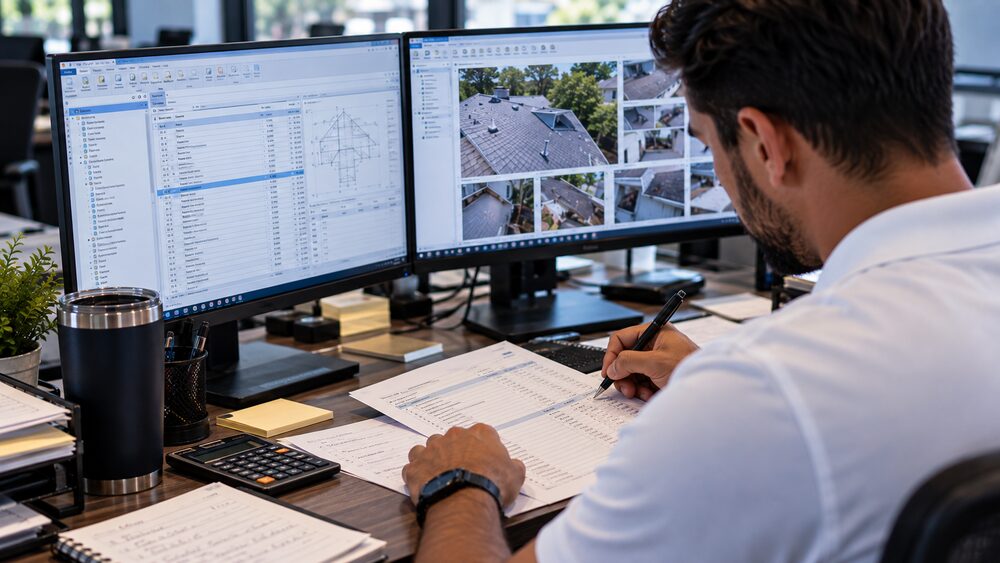 Precision Estimates specialist writing a Xactimate estimate alongside claim loss photos on a second monitor