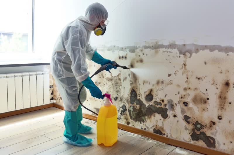Mold remediation technician spraying treatment on mold-covered wall - IICRC billing recovery