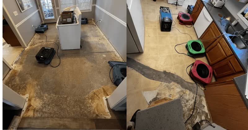 Water damage drying equipment on damaged subfloor after appliance failure - Precision Estimates billing recovery