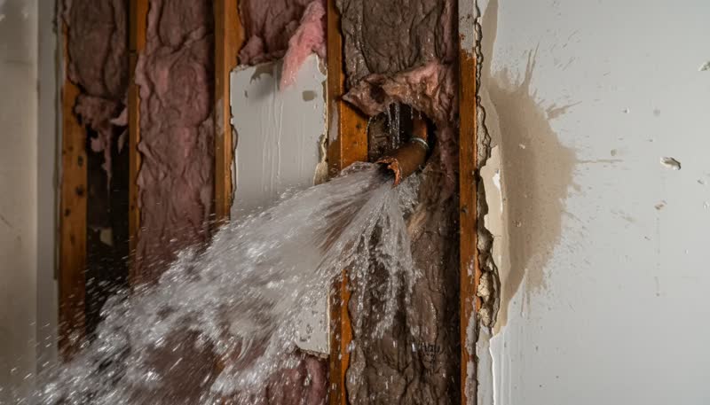 Burst pipe spraying water inside wall cavity - water damage restoration billing supplement recovery