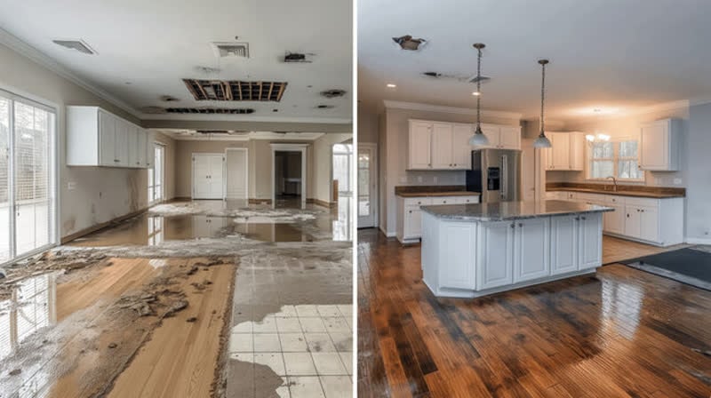 Before and after water damage restoration - Precision Estimates Xactimate billing recovery Florida
