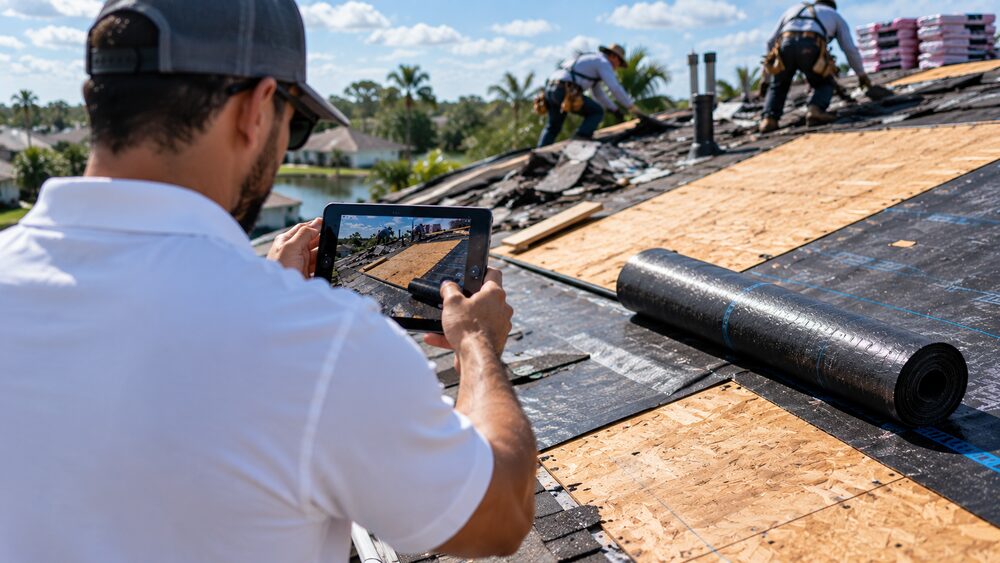 Precision Estimates specialist on a roof documenting exposed decking and code-required underlayment during tear-off