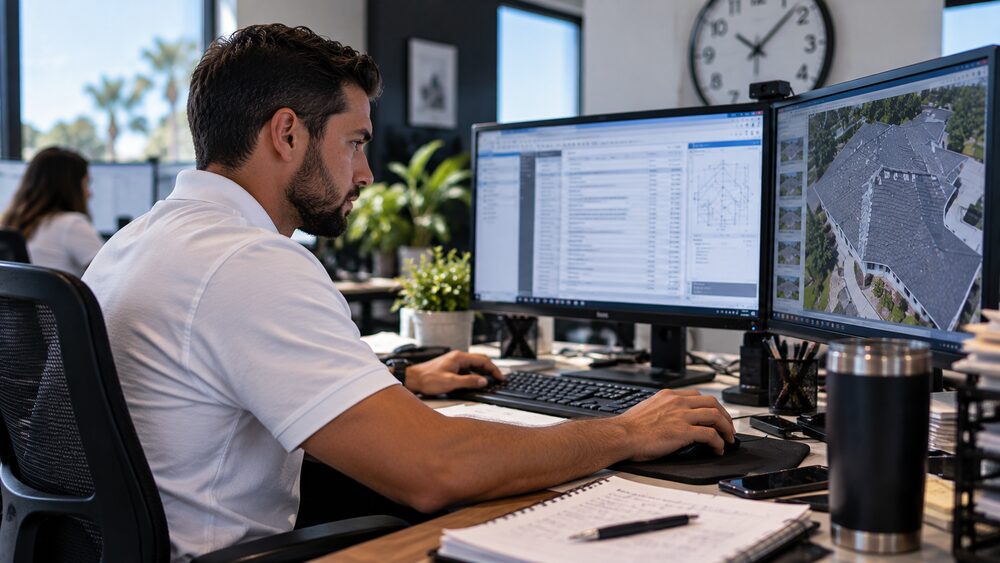 Precision Estimates specialist reviewing a roofing estimate against an aerial roof photo, office wall clock in the background