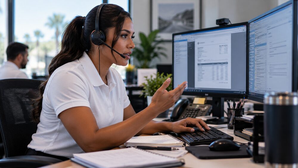 Precision Estimates specialist on a headset call following up with a carrier on a roofing contractor invoice