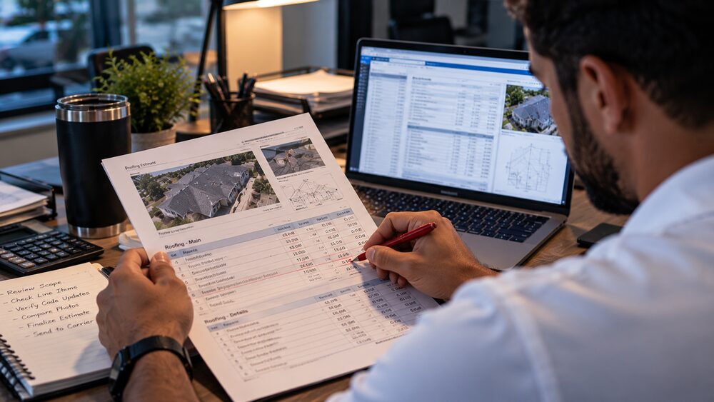 Precision Estimates specialist marking up a printed roofing estimate to identify missed supplement line items