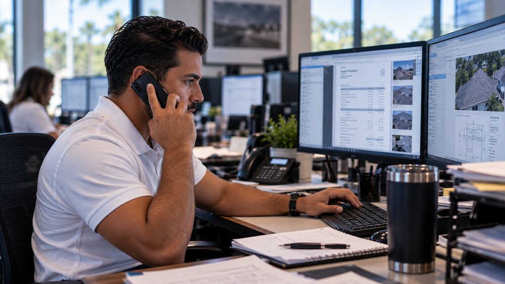 Restoration billing specialist on a call with a carrier explaining the documentation behind a roofing estimate