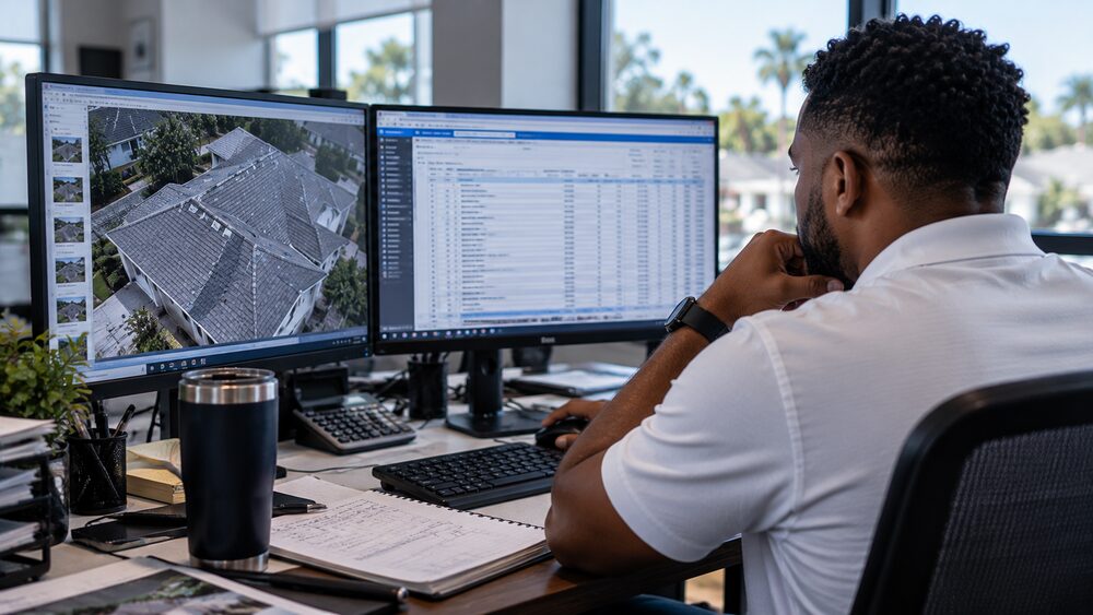 Precision Estimates specialist reviewing an aerial roof photo alongside the Xactimate line-item estimate