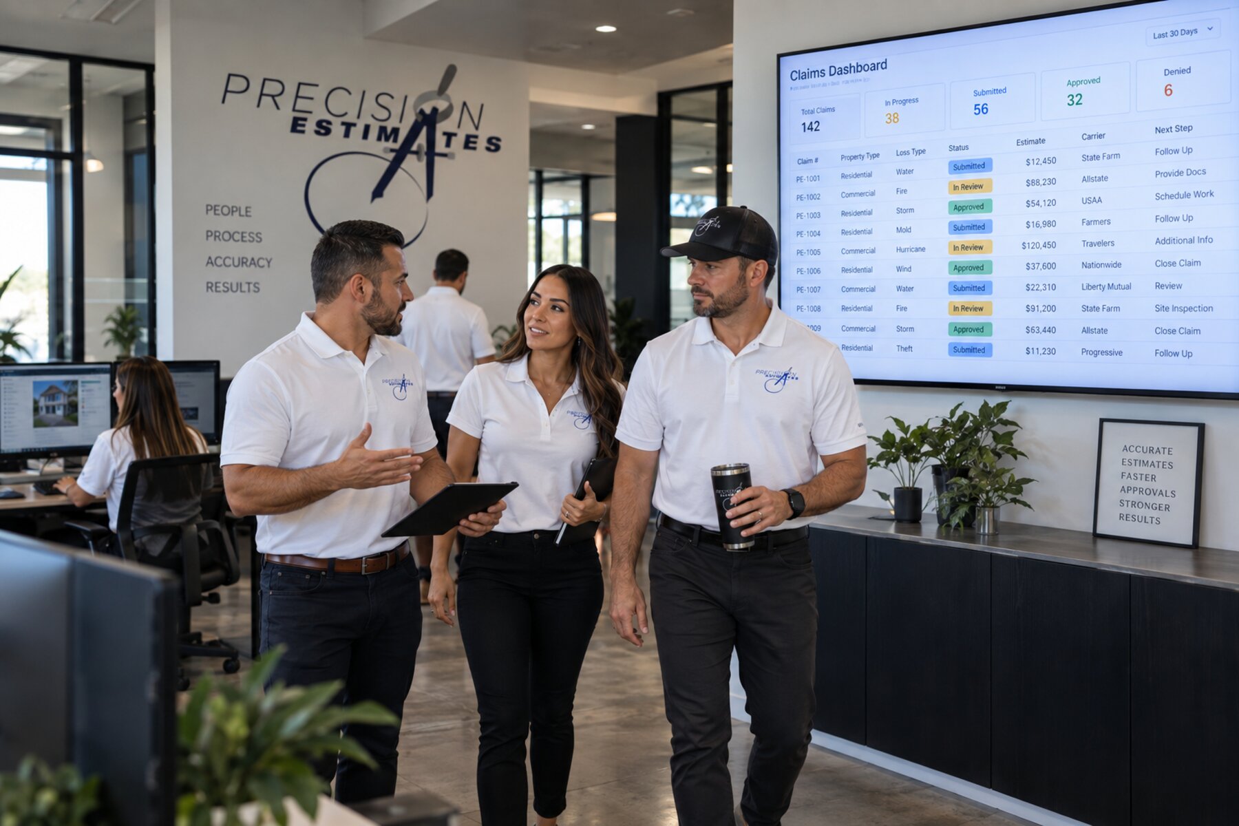 The Precision Estimates team reviewing a multi-carrier claims dashboard covering every restoration trade