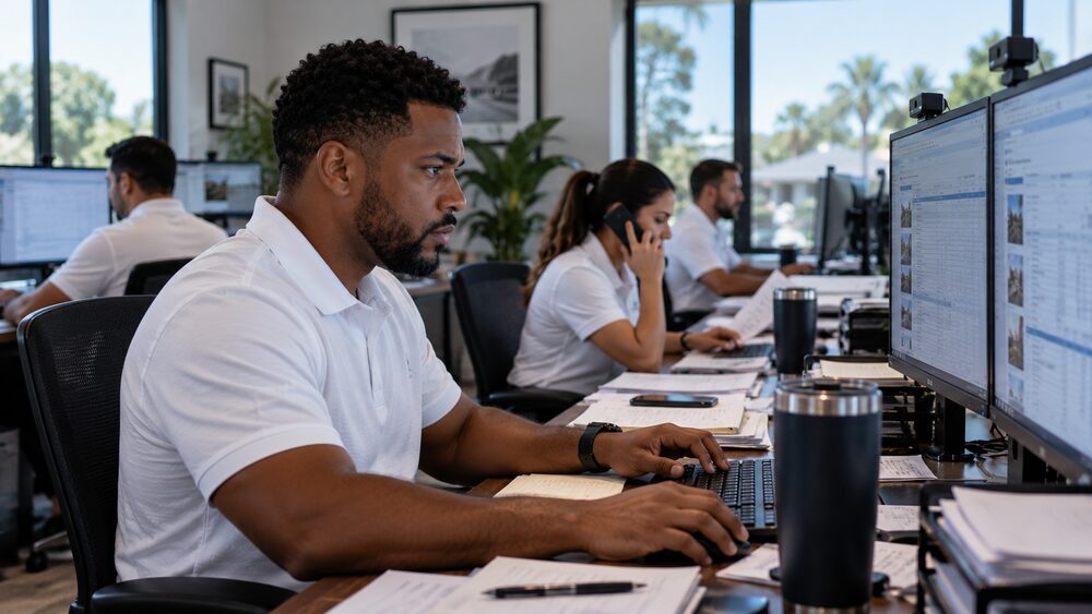 Back-office team handling high storm claim volume for restoration contractors
