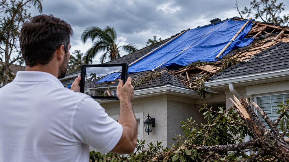 Precision Estimates specialist photographing a tarped, storm-damaged roof for emergency protective-measures billing documentation