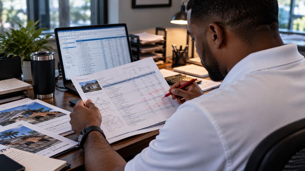 Estimator marking up a storm claim estimate to identify missing line items for a supplement