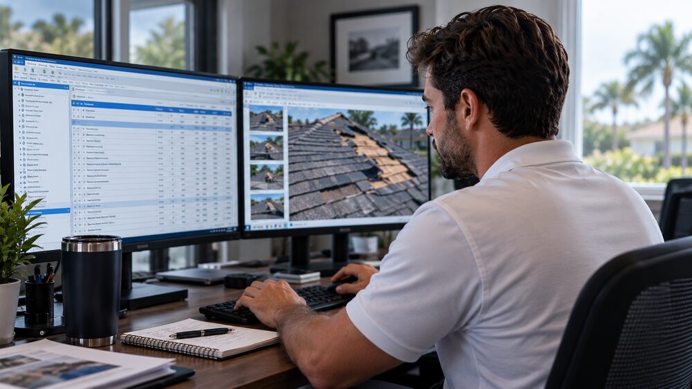 Estimator reviewing storm roof damage photos alongside a Xactimate estimate